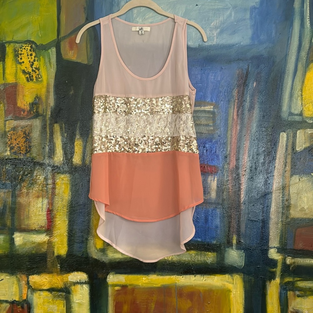 YA LOS ANGELES Peach Silk with Gold Sequins Tank Medium